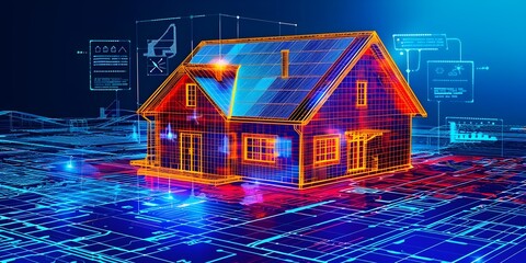 A Digitally Enhanced Smart Home with Solar Panels and Efficiency Data Overlays Showcasing Renewable Energy Production and Optimization