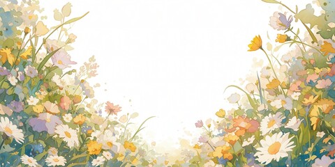 Summer watercolor background with wild flowers, copy space in the middle