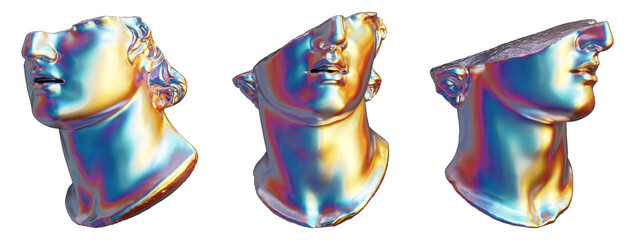 Fragmented classical sculpture of the head of a youth in iridescent chrome isolated on transparent background. 3D rendering