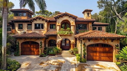 Show us a Mediterranean villa with a garage that complements the warm, earthy tones and textured stucco exterior of the main house