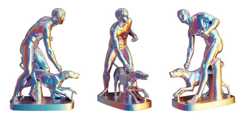 Hunter and Dog statue by John Gibson in iridescent chrome isolated on transparent background. 3D rendering