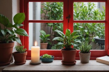 Fototapeta na wymiar Red window with candle and potted plant