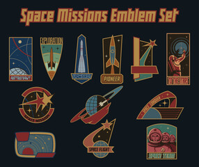 Space Missions Emblem Set. Vector Drawing Cosmic Patches, Lables, Logos. Templates for Space Party, Event