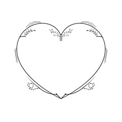 Abstract Hand Drawn Frame Heart With Plants Doodle 14 February Holiday Concept Vector Design Outline Style On White Background Isolated Letter, Message, Mail, Cards, Posters