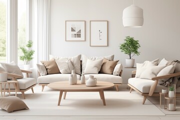 Interior design of a serene Scandinavian living room blending clean lines, muted tones, and natural materials to evoke a sense of tranquility and sophistication.