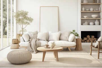 Fototapeta na wymiar Interior design of a serene Scandinavian living room blending clean lines, muted tones, and natural materials to evoke a sense of tranquility and sophistication.