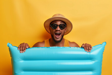 Surprised man with sunglasses and hat holding blue inflatable air mattress on monochrome yellow background.