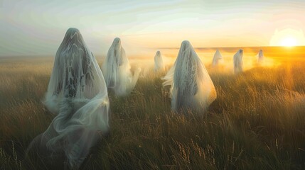 Ectoplasmic art installations that utilize the natural morning mists of grasslands to create ghostly figures and haunting scenes - obrazy, fototapety, plakaty