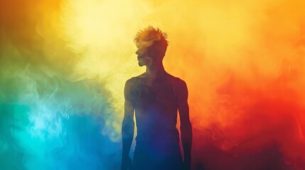 Obraz premium Silhouette of a young adult against a vibrant colorful smoke background