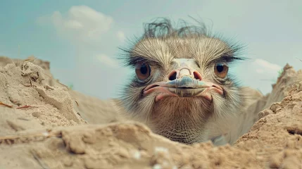  Curious ostrich peeking through sandy terrain under blue sky © volga