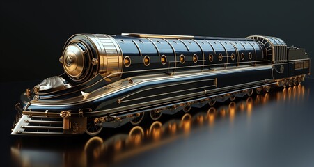 Elegant Art Deco 3D render of a streamlined train with ornate details. 3D Render.