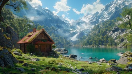 Fototapeta premium A cabin by the lake is depicted in a painting, with a mountain range extending behind it, and a foreground showcasing a tranquil lake