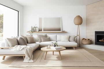 Interior design of a serene Scandinavian living room blending clean lines, muted tones, and natural materials to evoke a sense of tranquility and sophistication.