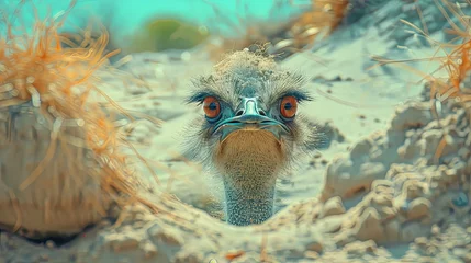 Fotobehang Curious ostrich head peeping through savannah grass © volga