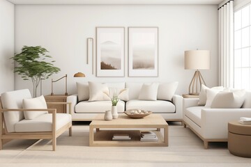 Fototapeta premium Interior design of a serene Scandinavian living room blending clean lines, muted tones, and natural materials to evoke a sense of tranquility and sophistication.
