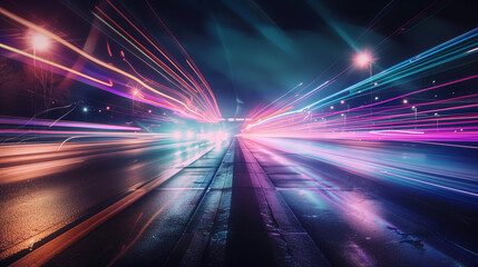 High speed urban traffic on a city street during evening rush hour, cars headlights and busy night transport captured by motion blur lighting effect and abstract long exposure photography