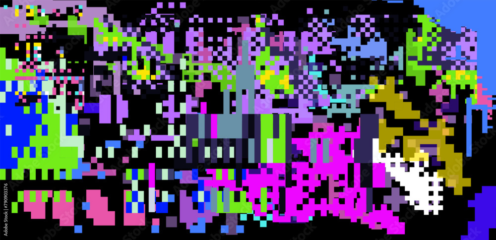 Poster bright neon glitchy background. concept vector illustration of a broken program code or malware atta