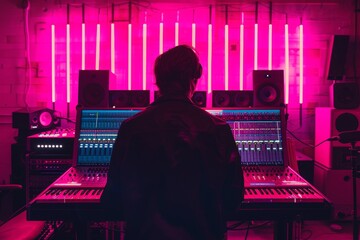 back view. man in black vear work with sound in the pink audio system in studio. neon details