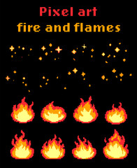 Pixel art 8-bit fire flames flashes and cartoon sparks set, isolated on black background. Burst animation for retro video game design.