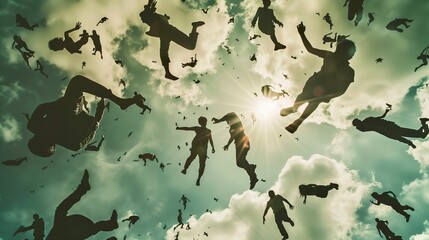 Wonder Human Resources metaphor HR business concept a lot of business people falling from the sky over demand sunray background 