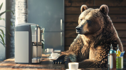 A grizzly bear enjoying a coffee break at the office, chatting casually with a colleague next to the water cooler. , natural light, soft shadows, with copy space, blurred backgroun - obrazy, fototapety, plakaty