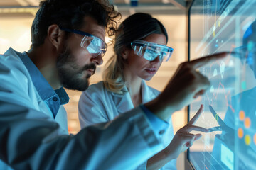 A male and female scientist are engaged in data analysis on a futuristic, holographic interface.