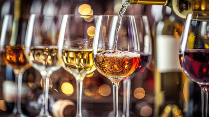 Elegant wine tasting event with a variety of glasses and wine bottles - obrazy, fototapety, plakaty