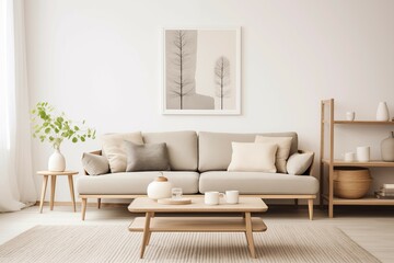 Interior design of a serene Scandinavian living room blending clean lines, muted tones, and natural materials to evoke a sense of tranquility and sophistication.