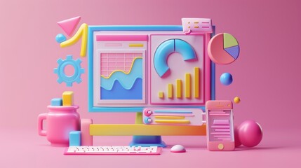 Naklejka premium Online marketing concept 3D illustration. Icon composition with computer display with charts graphs and diagrams for market research and business promotion. 