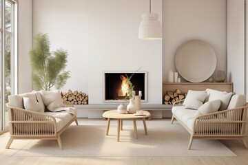 Interior design of a serene Scandinavian living room blending clean lines, muted tones, and natural materials to evoke a sense of tranquility and sophistication.