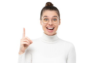 Excited smiling woman in eyeglasses pointing up with finger as if she got new idea, feeling happy about good result