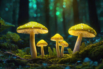 Generative AI, Beautiful and awesome neon colorful mushrooms, Magical views of neon colorful mushrooms, Beautiful view of neon colorful mushrooms in the thickets of forest bushes, small neon mushrooms