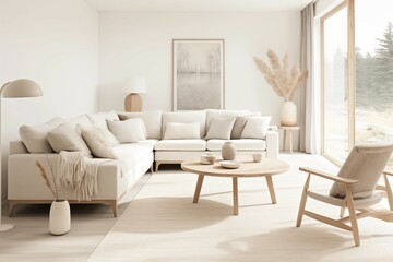 Interior design of a serene Scandinavian living room blending clean lines, muted tones, and natural materials to evoke a sense of tranquility and sophistication.
