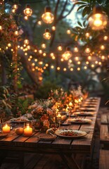 Capture the enchantment of a garden soiree, illuminated by a delicate garland of lights