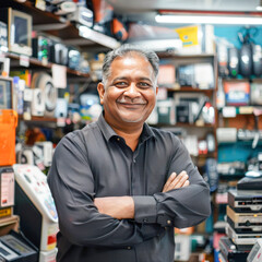 indian senior man electronic store owner standing confidently