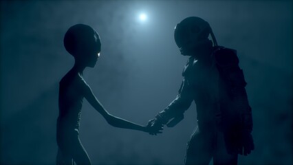 Astronaut meets a grey alien and shakes his hand. 