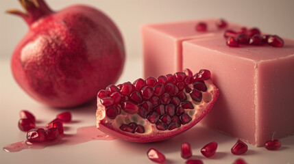 Concept photo of handmade soap with pomegranate, close-up. Beauty industry advertising photo.