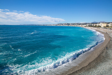 Beautiful azur turquoise water of Mediterranean sea in Nice, French riviera, France. Beautiful cote...