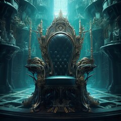 An intricate, futuristic throne fit for a knight of old in an underwater kingdom 