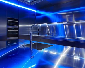 Ultra-Modern Kitchen Showcase, Sleek stainless steel appliances with chrome finishes, accented by vibrant neon blue under cabinet lighting for a futuristic feel.