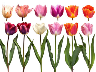 Set of branches of blooming tulips, colorful and bright