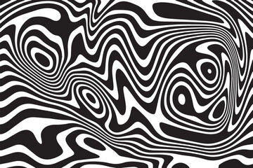 A high-contrast, black and white abstract pattern with sinuous, flowing lines creating a dynamic optical illusion.The lines twist and turn, forming swirls and loops of varying thickness
