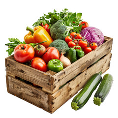 Fresh organic vegetables in a wooden box on white background,png