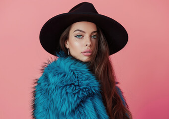Full body photo of an beautiful woman, wearing black top and hat with long dark brown hair in big fluffy blue fur coat posing on pink background - obrazy, fototapety, plakaty