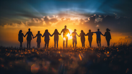 Friendship silhouette. Group of people holding hands unity