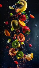 Explosion of colorful fruit splashes into the air 