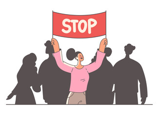 Crowd of people characters holding placard and screaming on demonstration rebel picket. Vector flat cartoon graphic illustration set