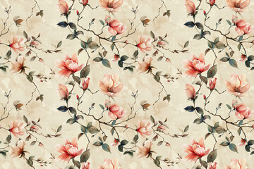 A floral patterned wallpaper with pink flowers and green leaves. The flowers are arranged in a way that creates a sense of movement and flow. Scene is one of tranquility and natural beauty
