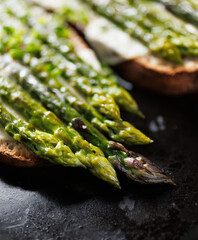 Close up view of grilled sandwiches with asparagus and cheese on a black background, focus for asparagus heads inside