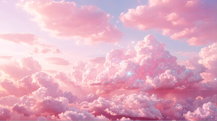Soft pink cotton candy clouds with glitter on sky background. Magical, fantasy background. Pastel colored cloudscape
